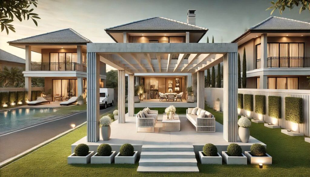 Luxurious outdoor living space with concrete terrace pergola