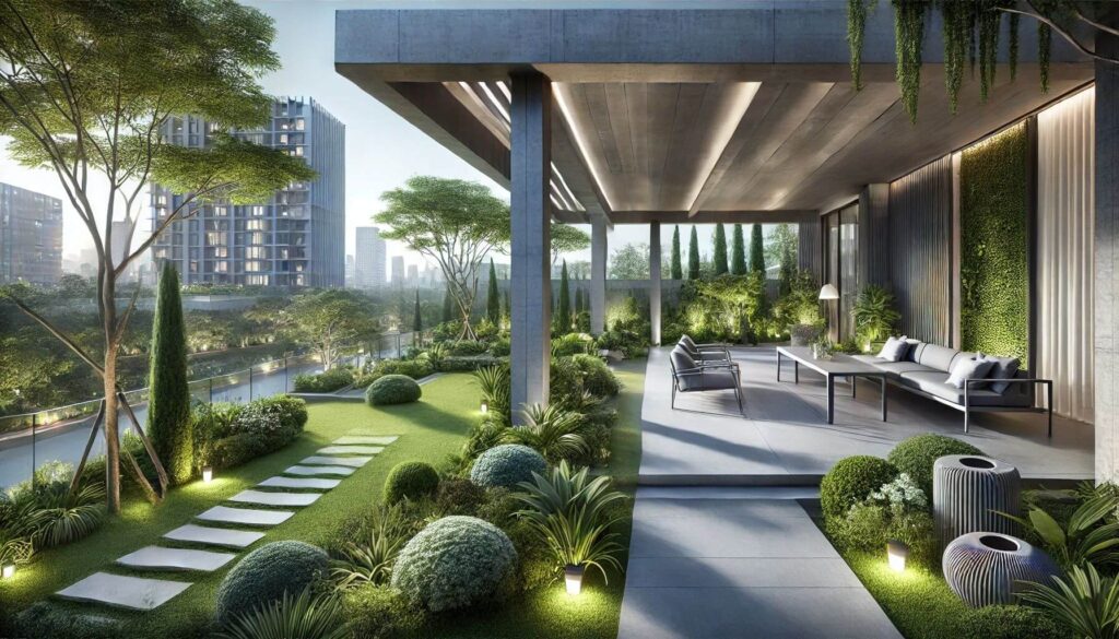 Luxurious terrace with a modern concrete pergola into a lush landscape