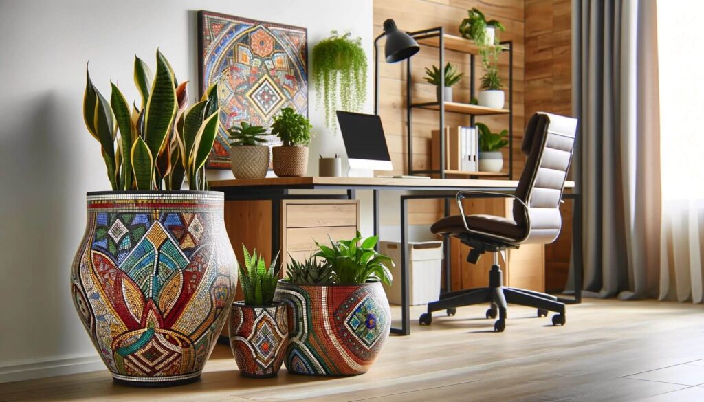 Mosaic planters add an artistic flair to your home office