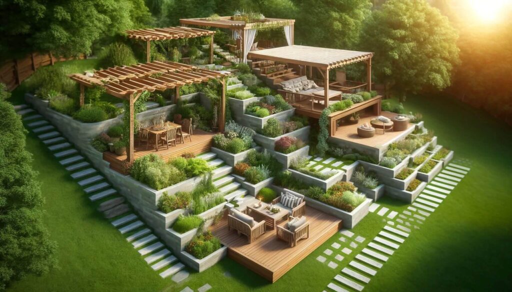 Pergola designs for multi-level terraces on a sloped yard