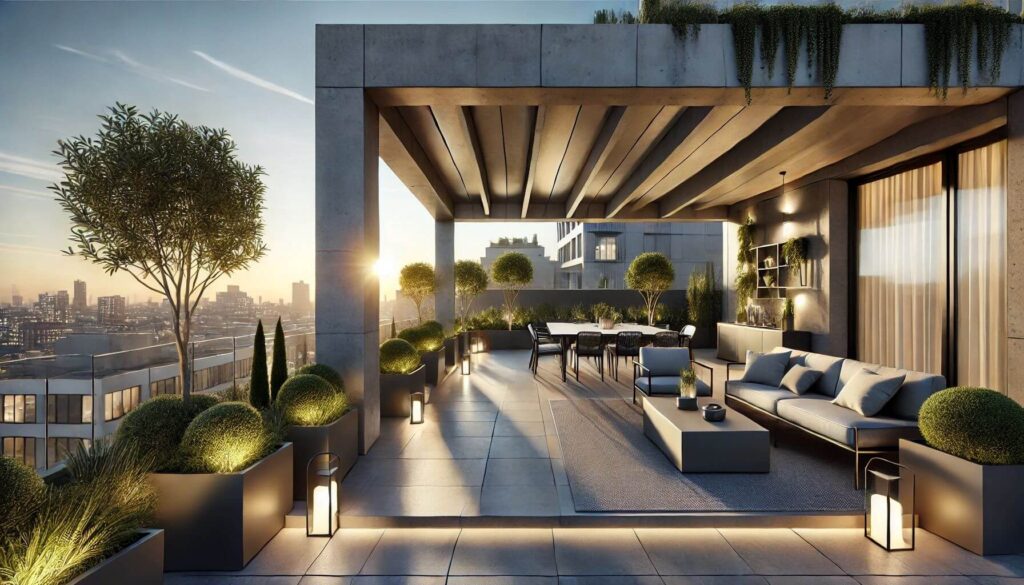 Urban rooftop Terrace with Modern Concrete Pergola with light