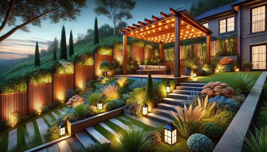 landscaping and lighting to enhance a pergola design