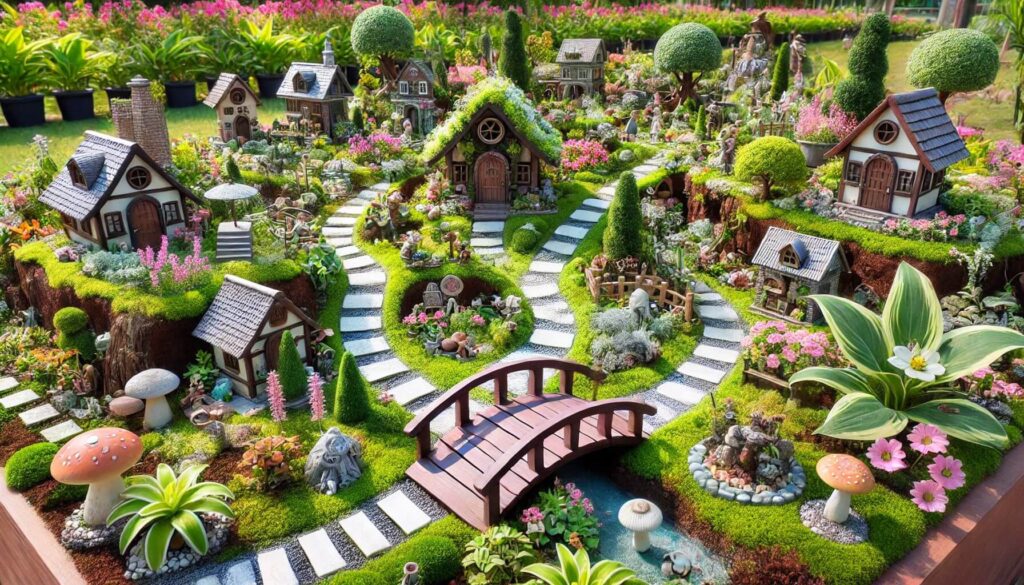 A whimsical fairy garden with miniature landscapes of tiny plants, small structures, and decorative elements