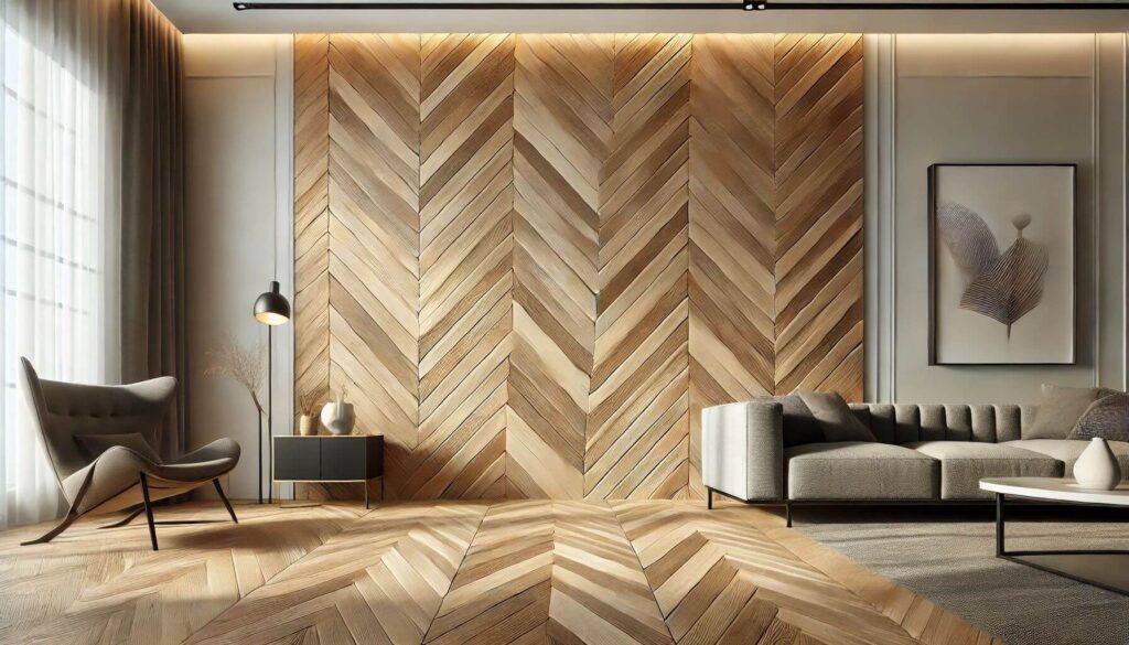 A beautifully designed accent wall featuring a herringbone pattern created with Foxtail Oak laminate flooring