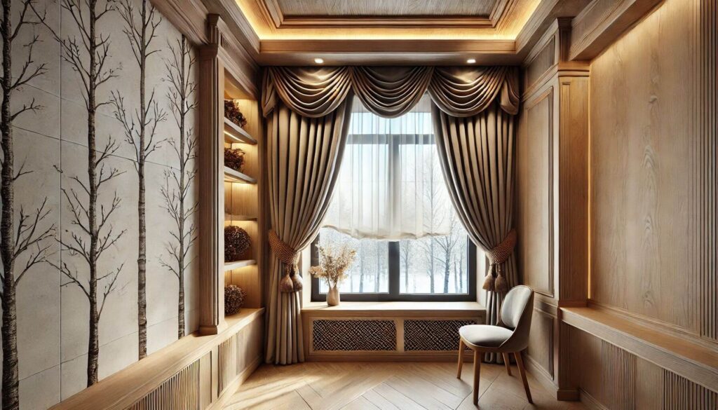 A beautifully designed window with decorative treatments made from Foxtail Oak laminate