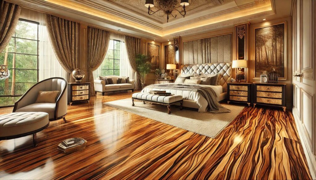 A bedroom featuring Spanish Tiger Locking Solid Stranded Bamboo flooring