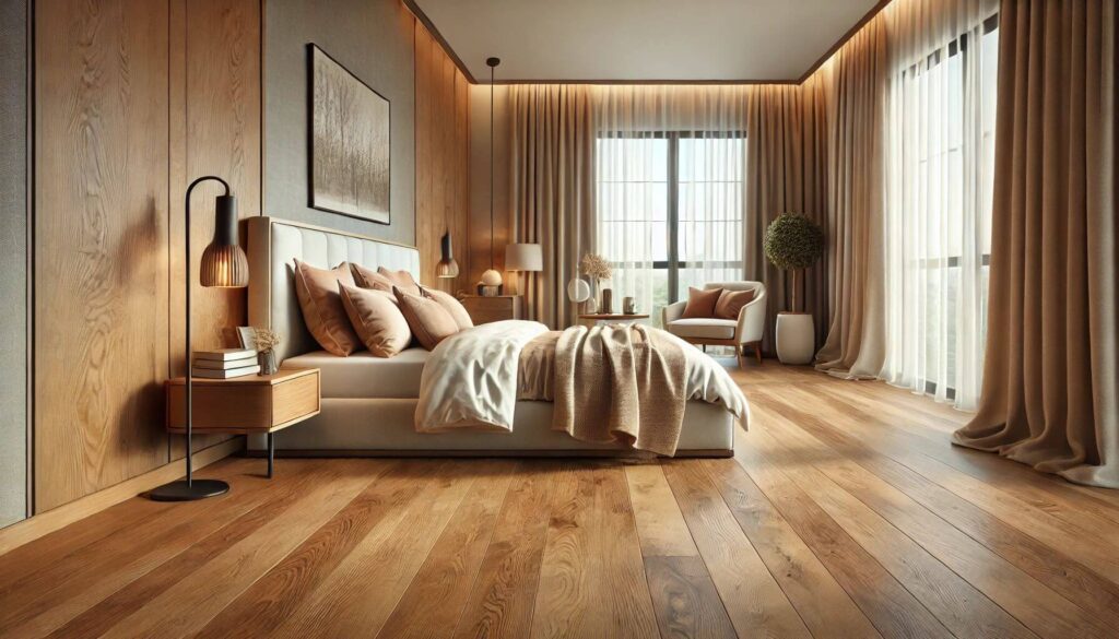 A cozy bedroom with Foxtail Oaks Waterproof Laminate flooring