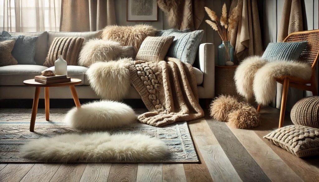 A cozy living room corner a variety of soft and warm textiles