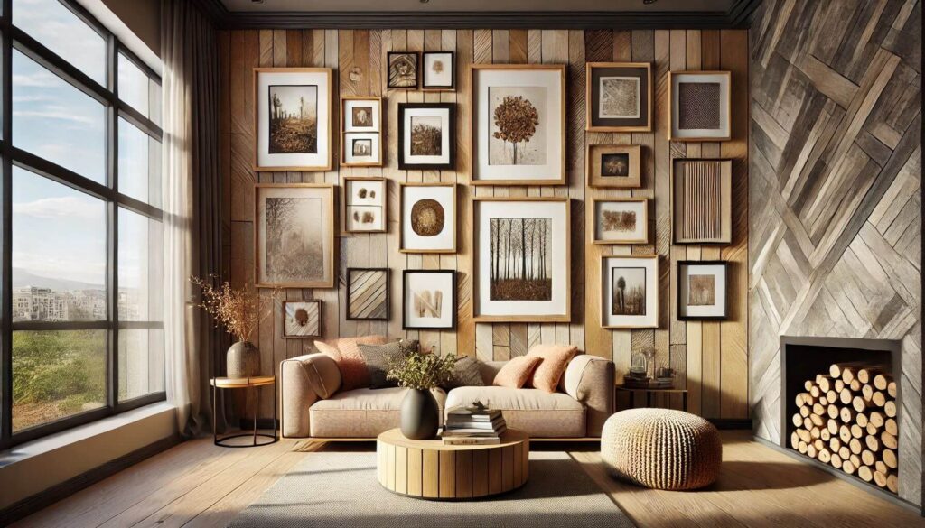 A cozy living room featuring unique picture frames made from Foxtail Oak laminate