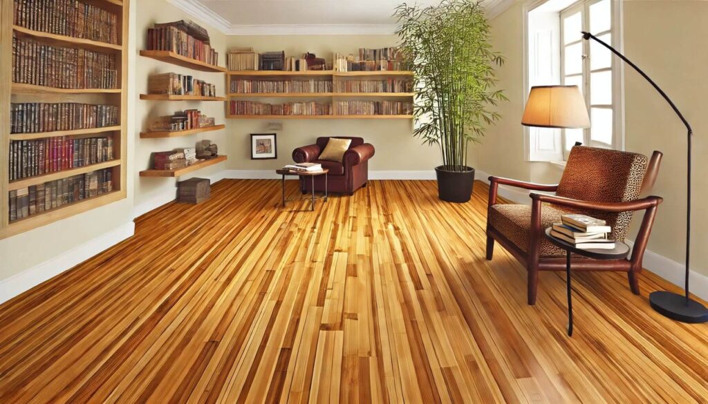 A cozy reading room with Spanish Tiger Locking Solid Stranded Bamboo flooring