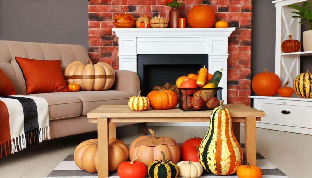 A fall-themed living room pumpkin accents