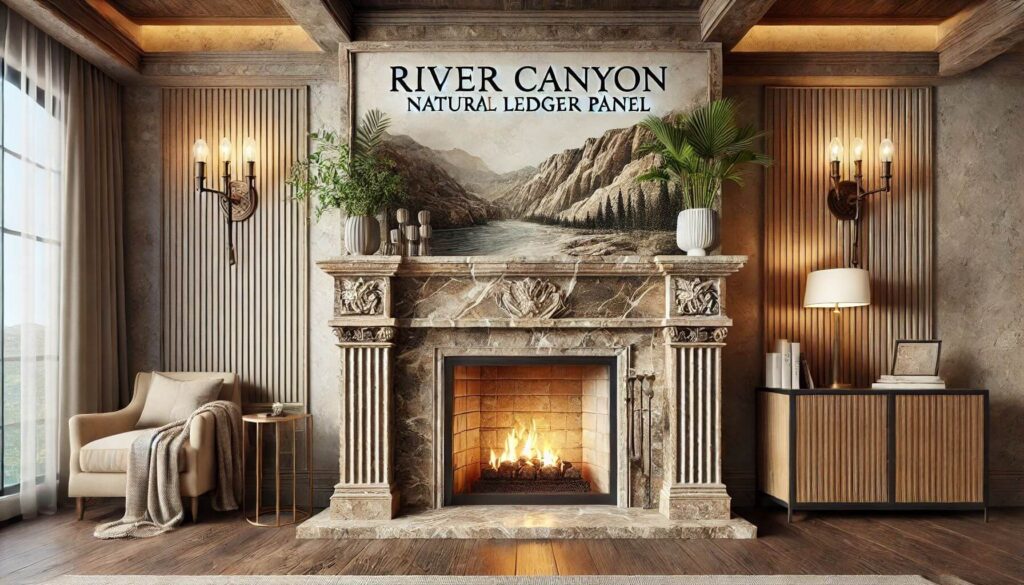 A fireplace surround featuring River Canyon Natural Marble Ledger Panel