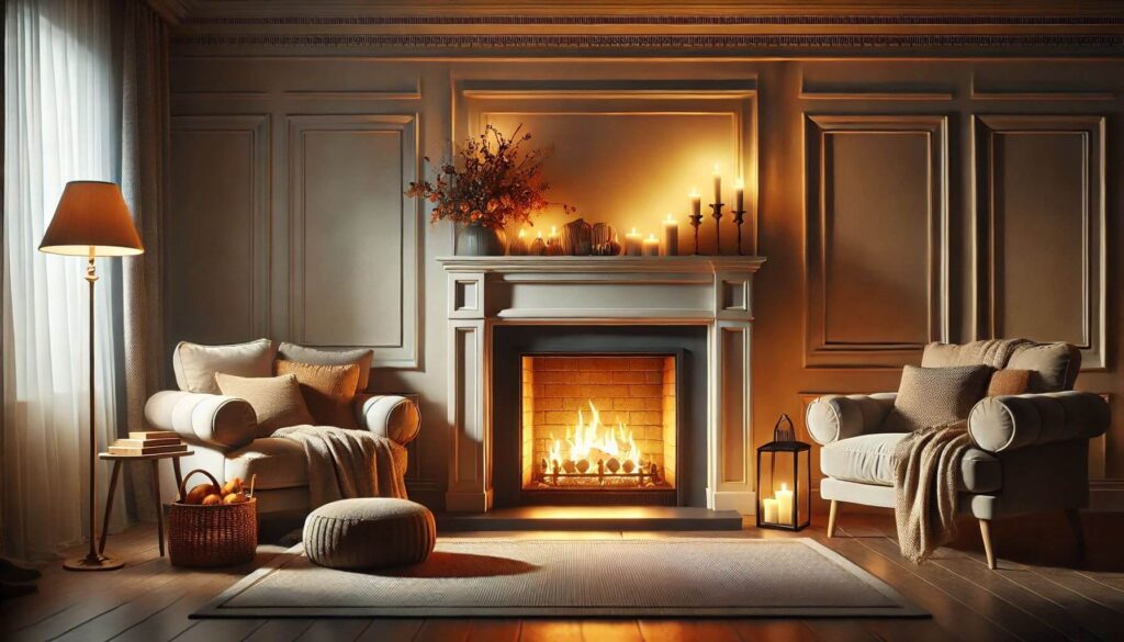 A living room centered around a warm and inviting fireplace