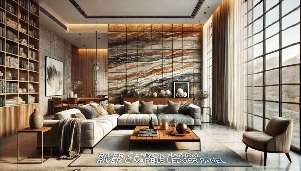 A living room featuring River Canyon Natural Marble Ledger Panel used on an accent wall