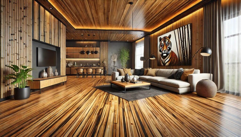 A living room with Spanish Tiger Locking Solid Stranded Bamboo flooring