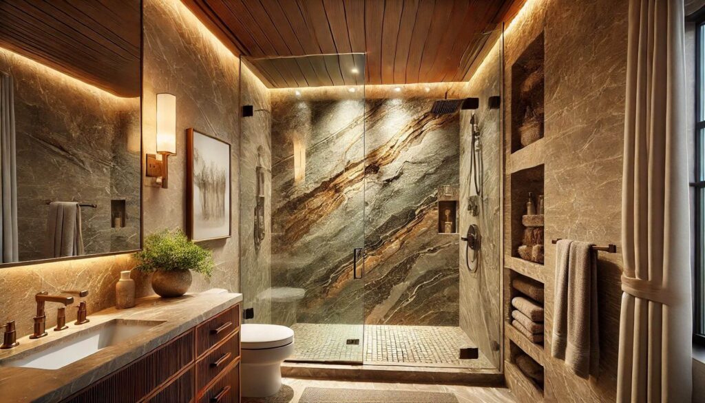 A luxurious bathroom shower River Canyon Natural Marble Ledger Panel on the shower walls