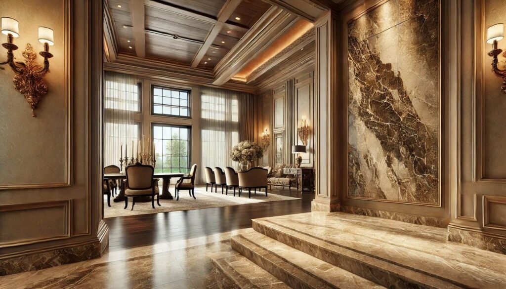 A luxurious home interior featuring River Canyon Natural Marble Ledger Panel