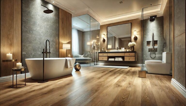 A luxurious master bathroom with Foxtail Oak waterproof laminate flooring