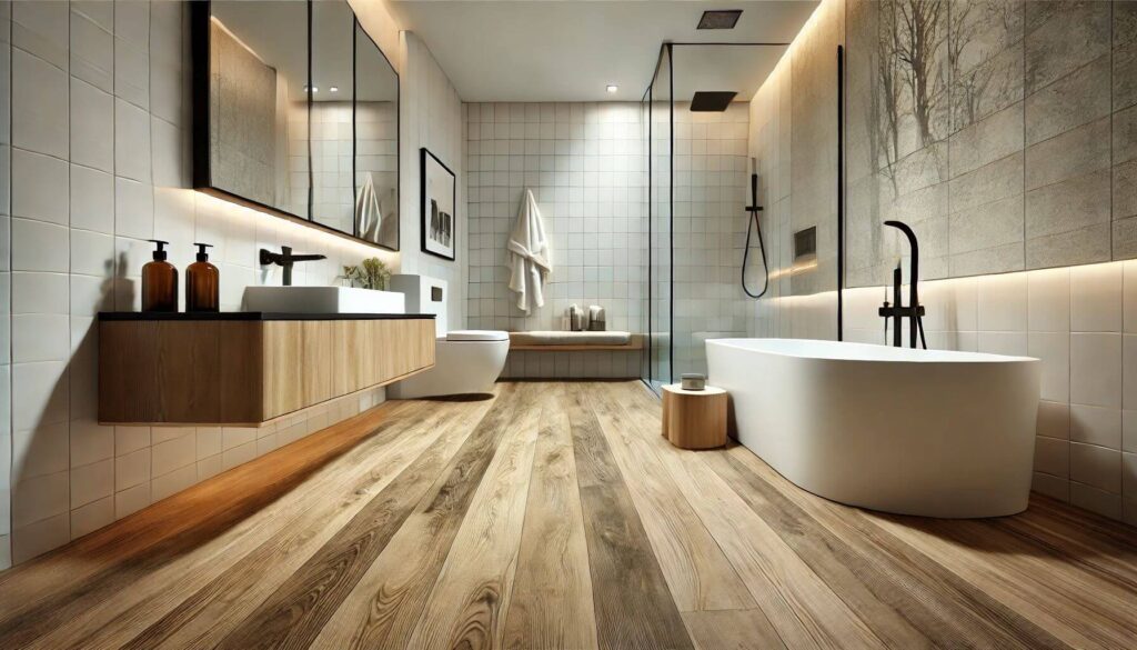 A modern bathroom with Foxtail Oaks Waterproof Laminate flooring