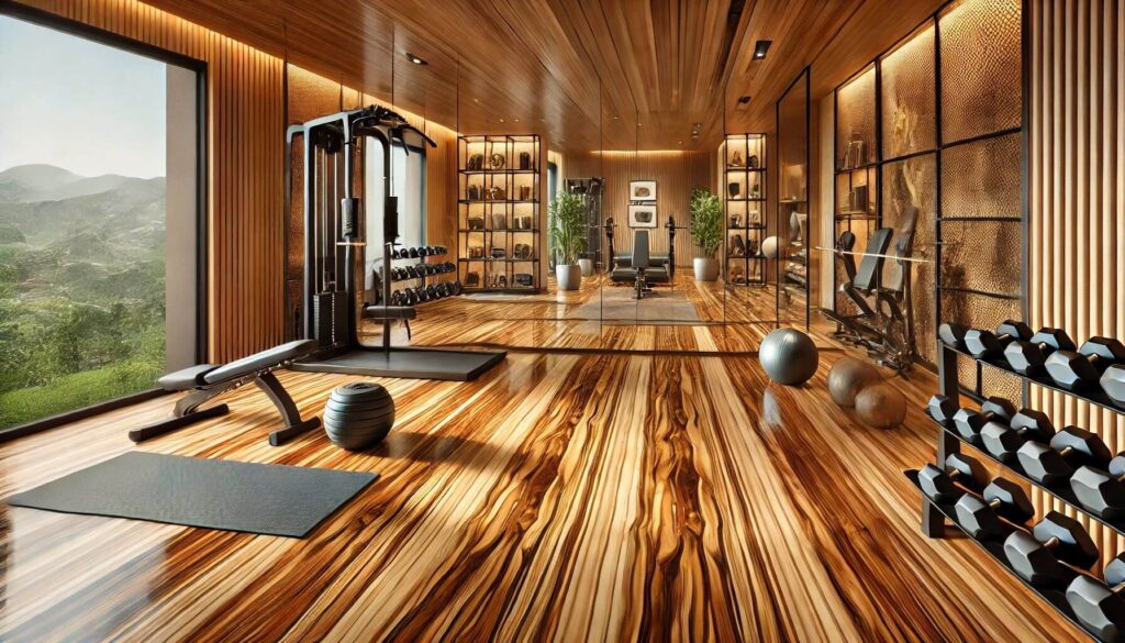 A modern gym room featuring Spanish Locking Solid Stranded Bamboo flooring