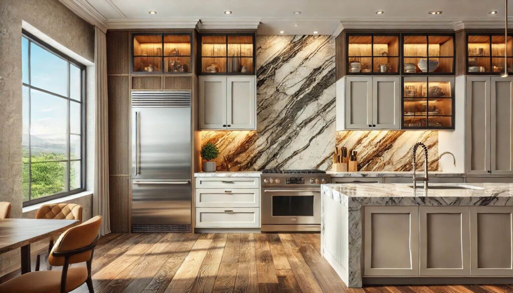 A modern indoor kitchen River Canyon Natural Marble Ledger Panel used as a backsplash