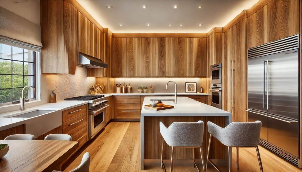 A modern kitchen featuring stylish cabinet refacing with Foxtail Oak laminate