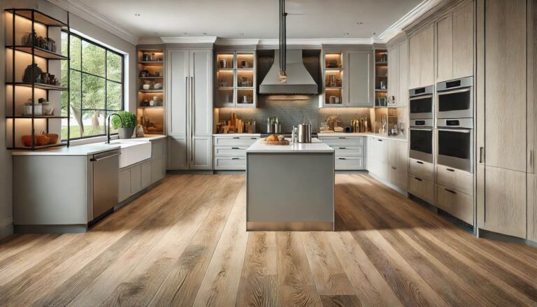 A modern luxury kitchen featuring Foxtail Oak flooring