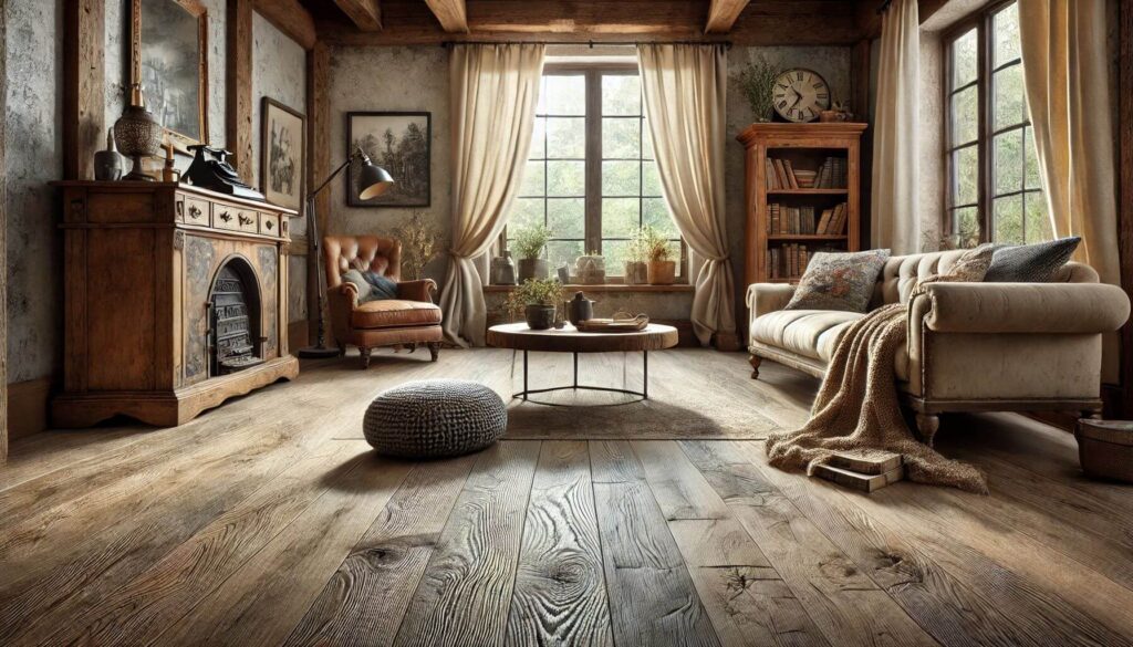 A rustic-themed living room with Foxtail Oak laminate flooring