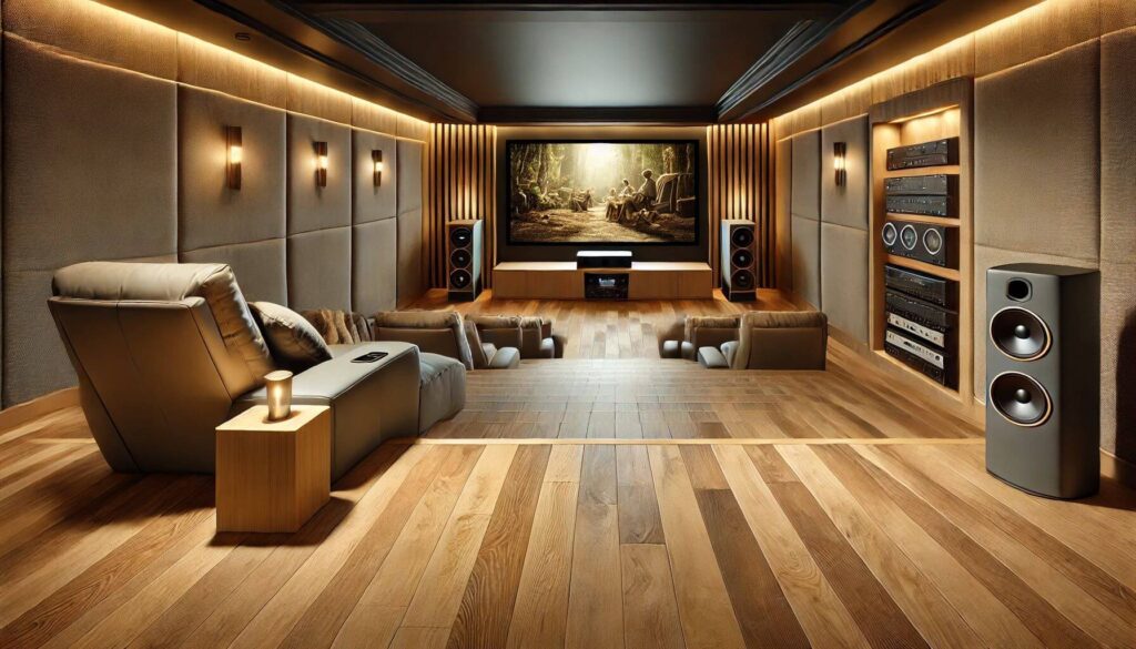 A sleek home theater featuring waterproof laminate flooring