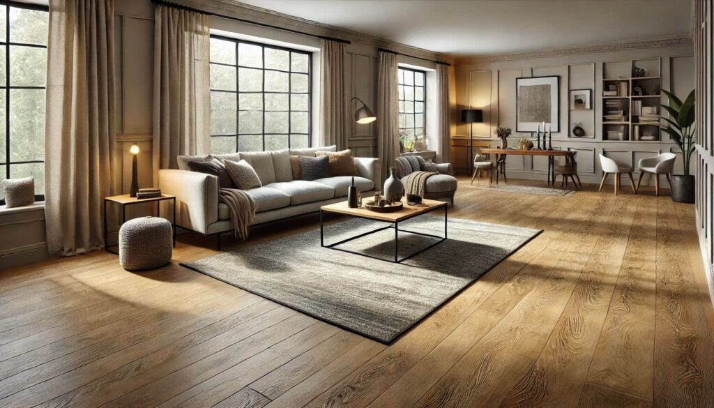 A spacious living room with Foxtail Oaks Waterproof Laminate flooring