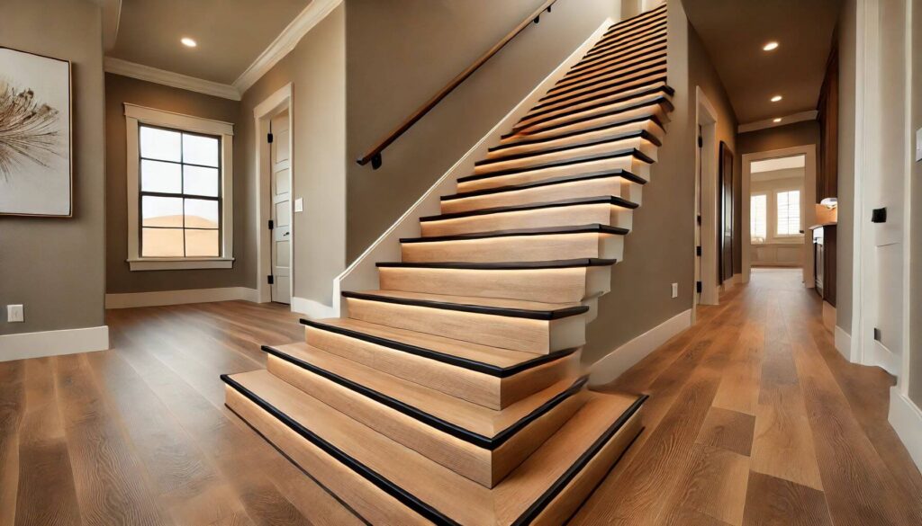 A staircase Foxtail Oak laminate flooring installed on both the treads and risers