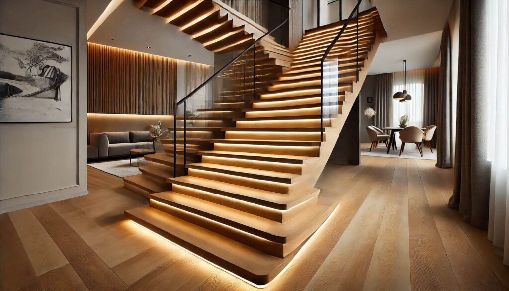 A stylish staircase Oak laminate flooring on the tread