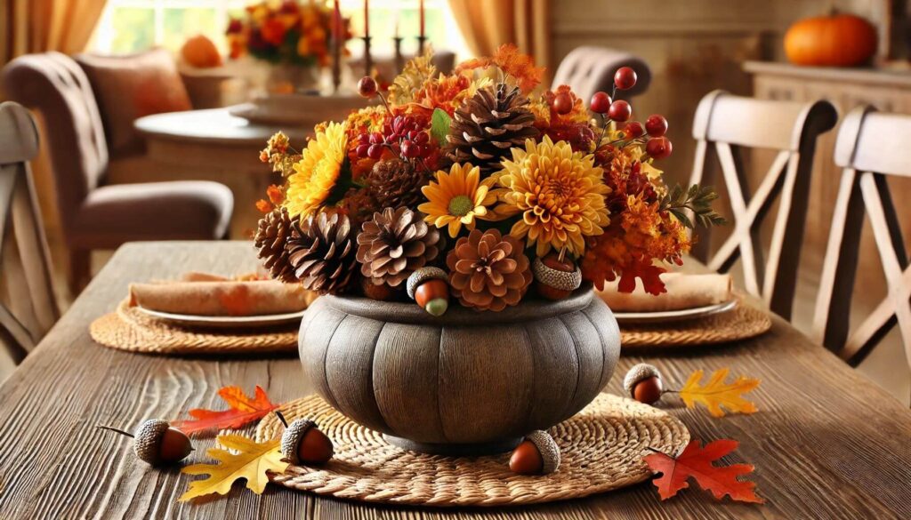 An autumn-inspired dining table centerpiece set in a cozy room