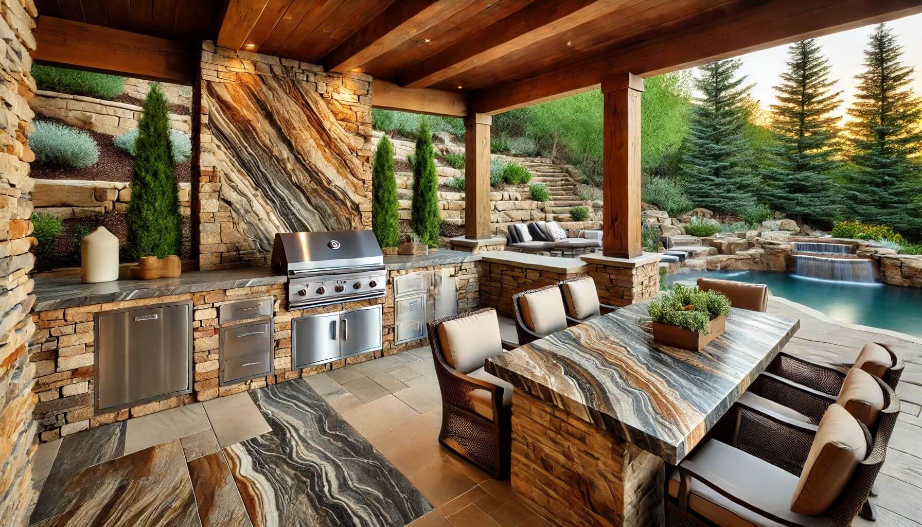 An outdoor kitchen area with River Canyon Natural Marble Ledger Panel