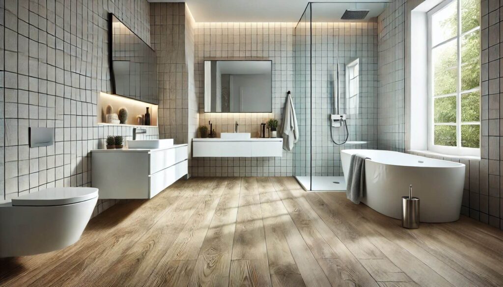 Foxtail Oaks Waterproof Laminate flooring in A modern bathroom