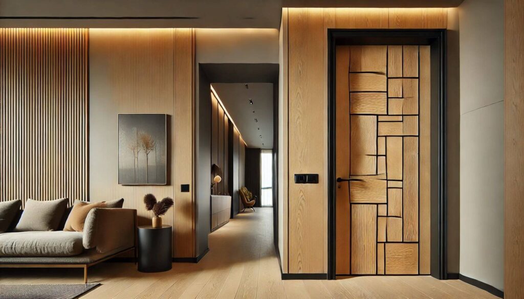 Modern interior door featuring decorative inserts made from Foxtail Oak laminate minimalist