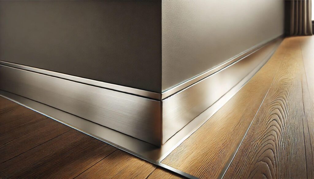 Sleek Modern Metal Baseboards contrast to foxtail oak laminate