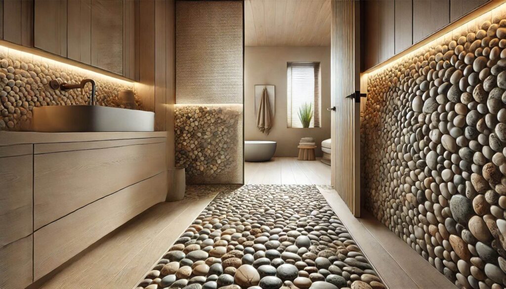 A bathroom space with a transition area Mojave Tumbled Pebble Mosaic flooring