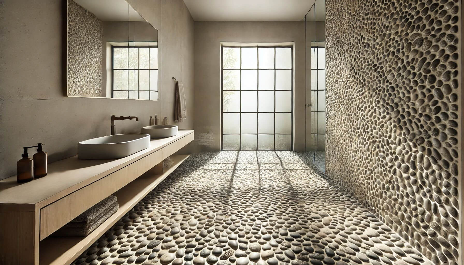 A bright and airy bathroom with a floor made of Mojave Tumbled Pebble Mosaic