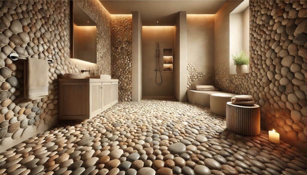 Bathroom with Mojave Tumbled Pebble Mosaic flooring