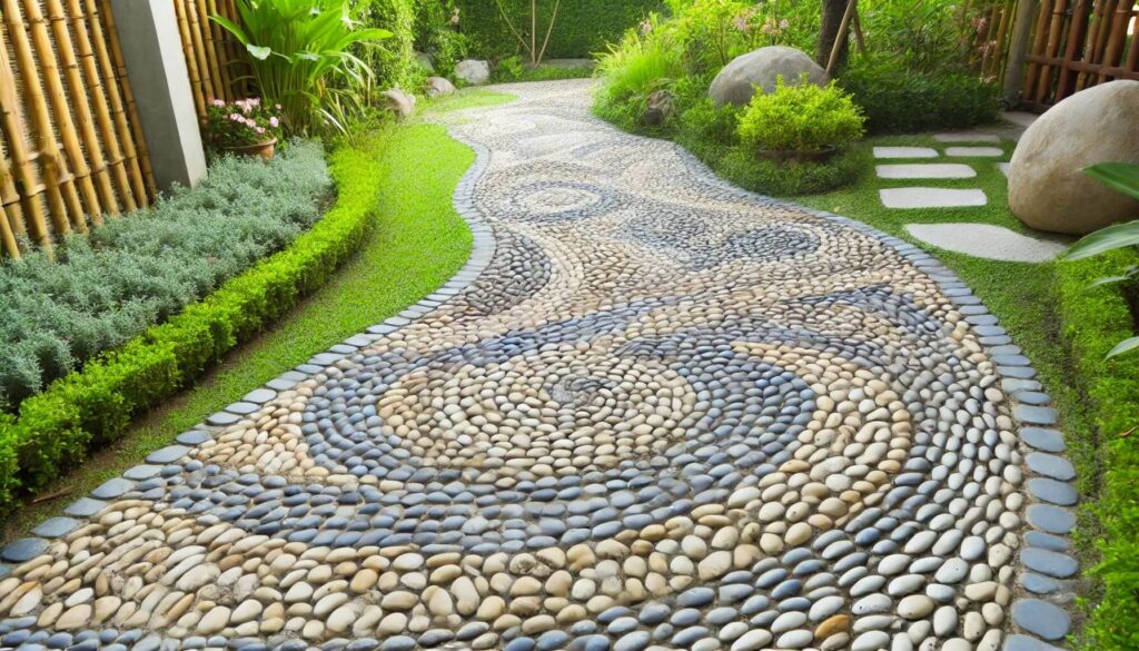 Garden pathway made with Mojave Tumbled Pebble Mosaic