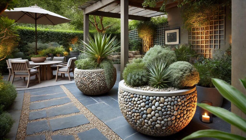 Planters with Mojave Tumbled Pebble Mosaic