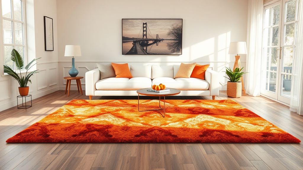 A burnt orange rug can add a warm to white sofa