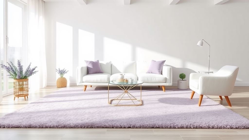 A lavender rug with couch in white