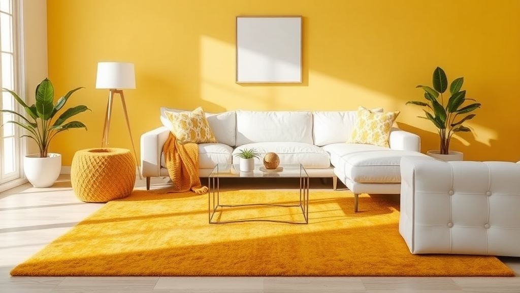 A mustard yellow rug beautiful contrast with your white couch