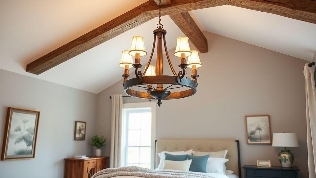 A rustic wood beam chandelier