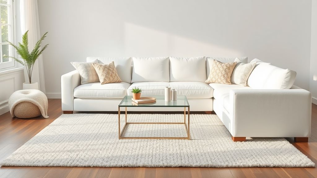 A soft beige rug with a white sofa