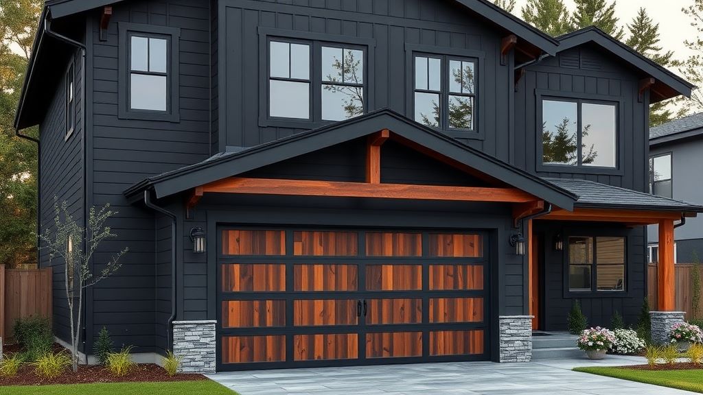 Black house with wood accents over the garage door