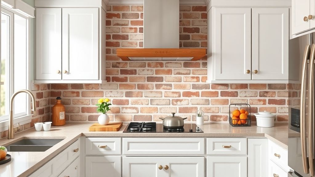 Brick corean in kitchen white cabinets backsplash