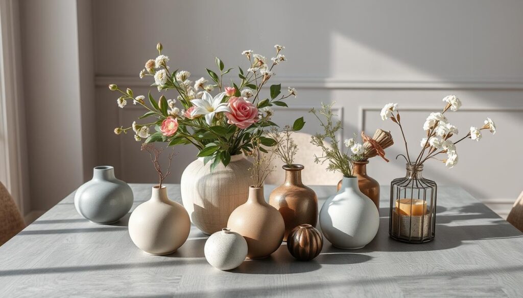 Decorative vases on grey dining table